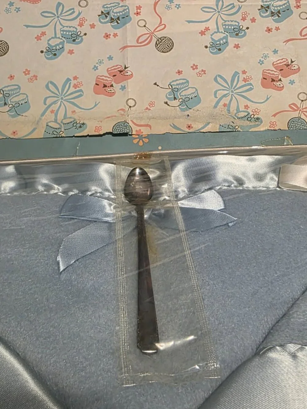 Vintage Baby Blanket Pastel Satin Trim Boy Blue silver spoon